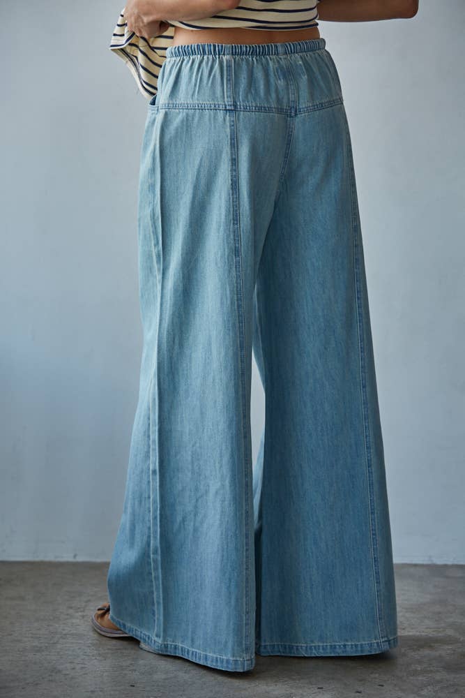 Woven Cotton Denim Wide Leg Pants With Pockets