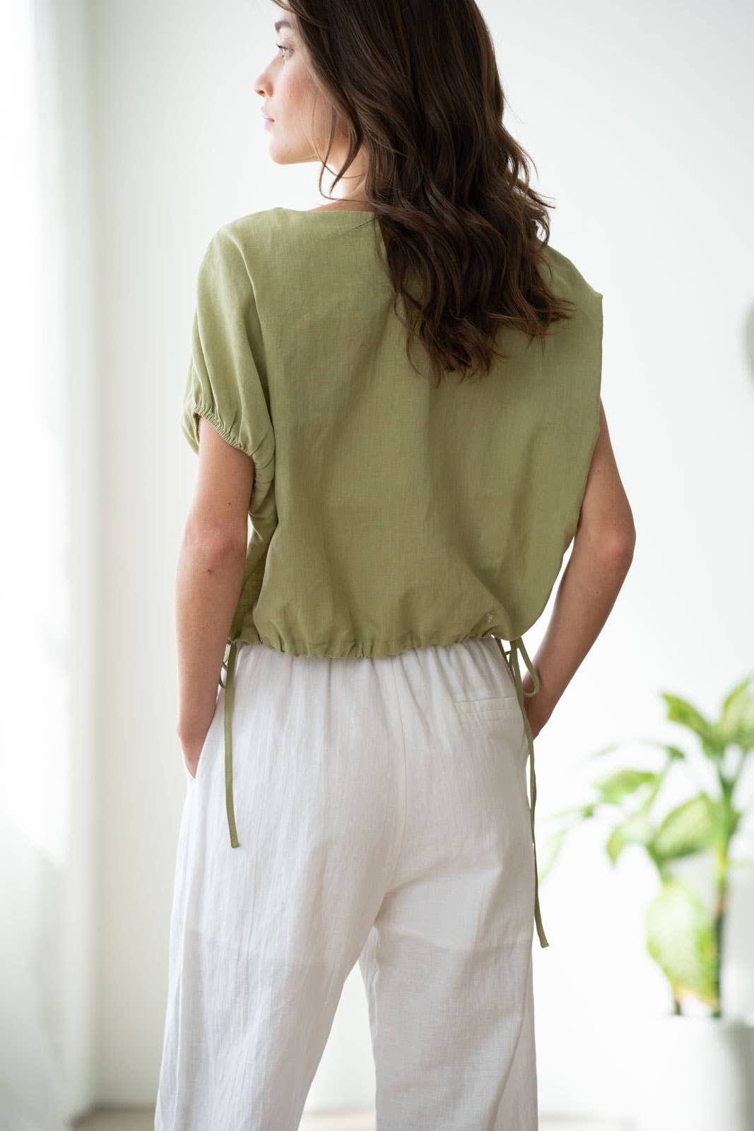 Elasticized Cap Sleeve Linen Top