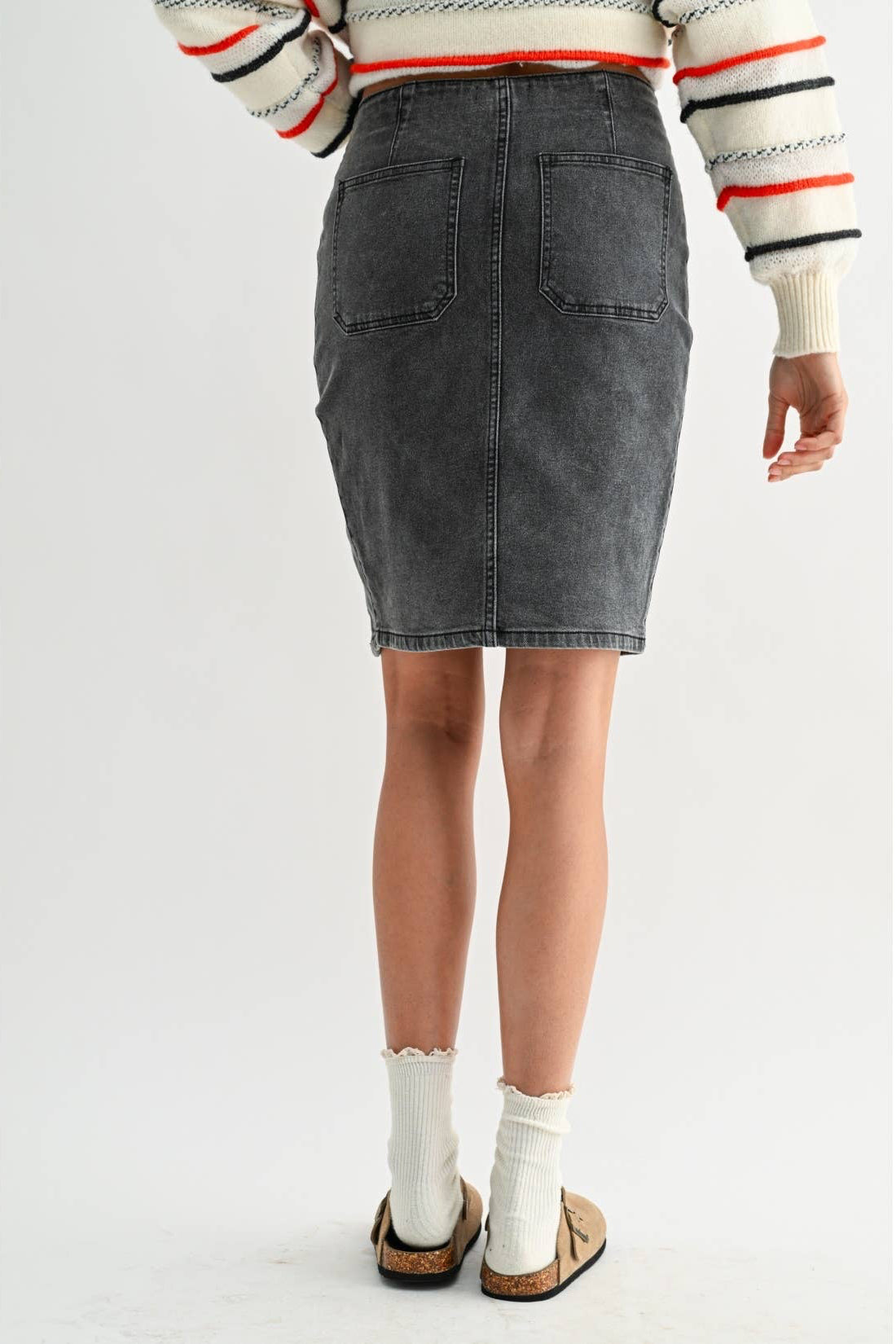 Washed Dark Grey Button Denim Skirt