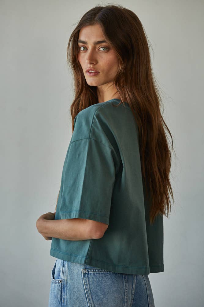 Knit Cotton Crew Neck Drop Shoulder Short Sleeve Top