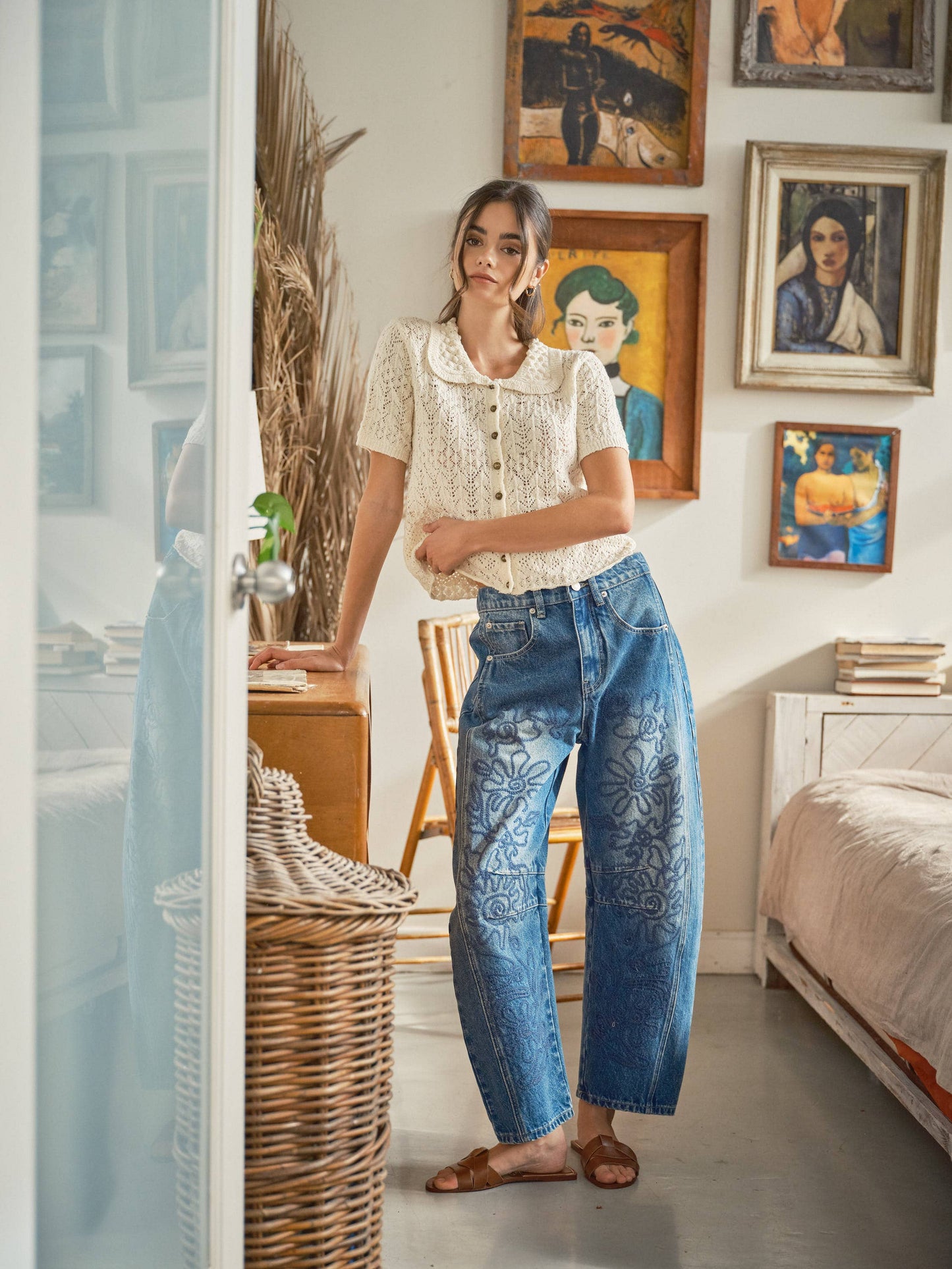 Embroidered Detail Cotton Barrel Pants