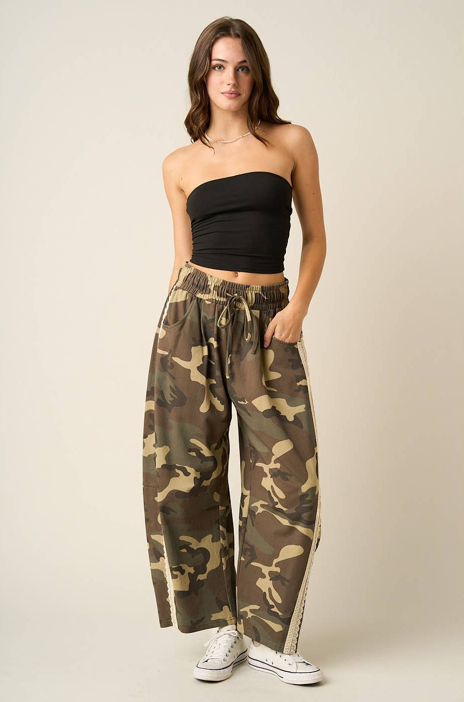 Bronson Camo Print Barrel Leg Jeans with Lace Trim
