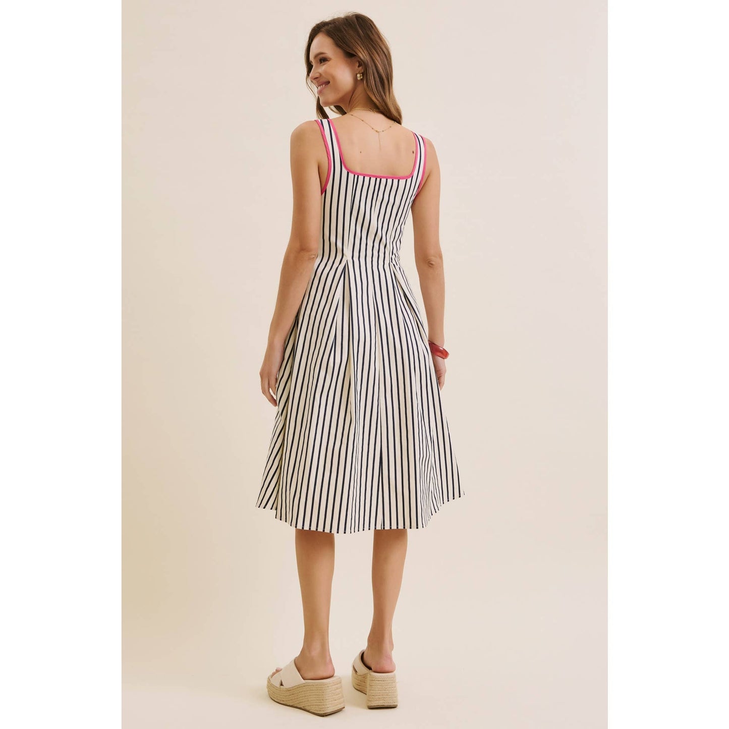 STRIPE PREPPY FIT-AND-FLARE MIDI WITH BOLD PINK CONTRAST