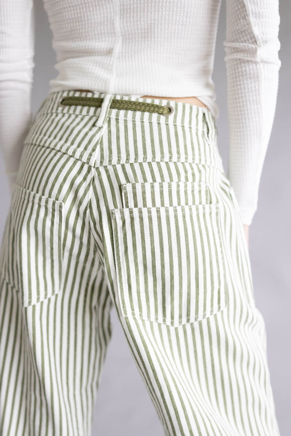 Olive Striped Barrel Jeans with Eyelet Waist