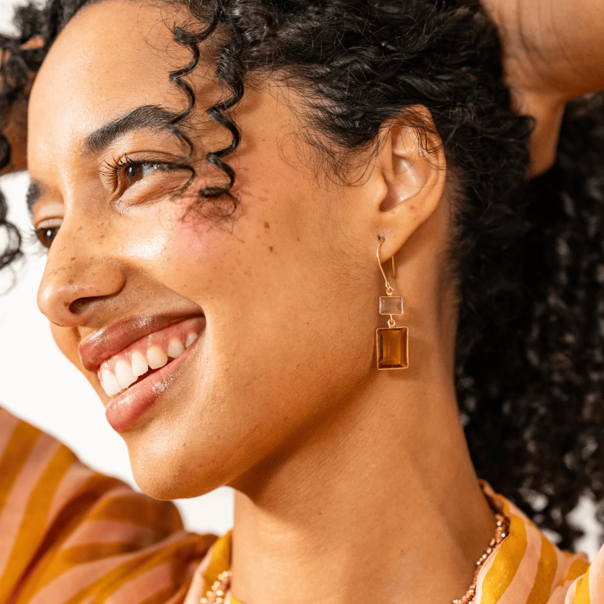 Veronica Two Tone Color Cut Glass Dangle Earring - Amber - Ink + Alloy