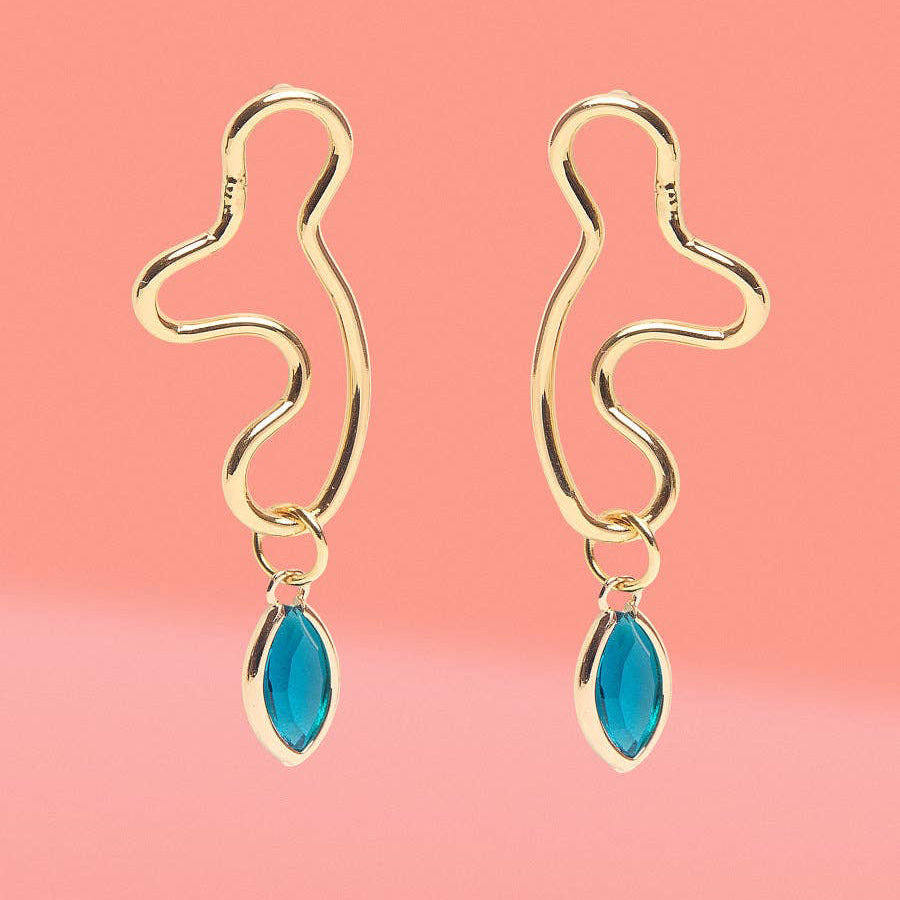 Abstract Wiggle Gold Plated Hoop Blue Glass Charm