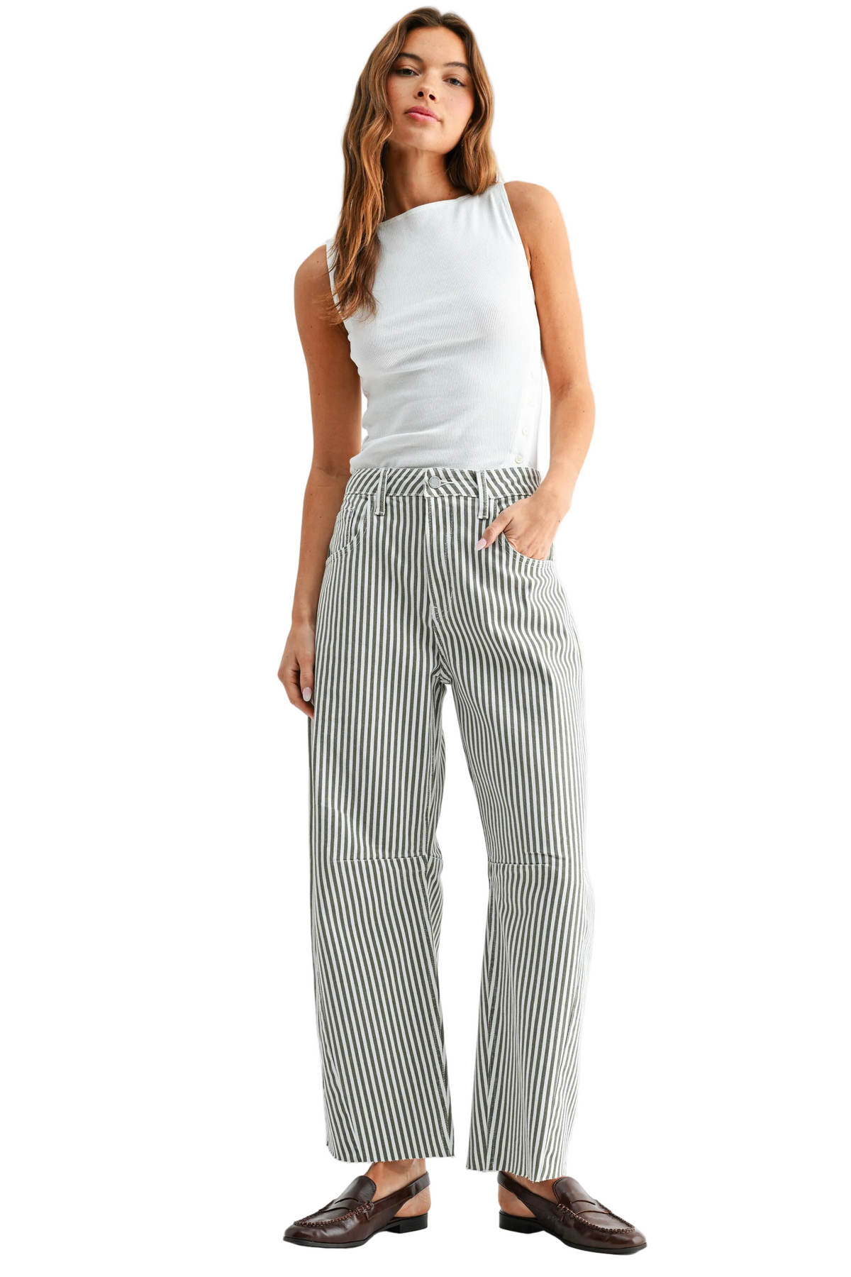 Olive Stripe Raw Hem Barrel Jean - Just Black Denim