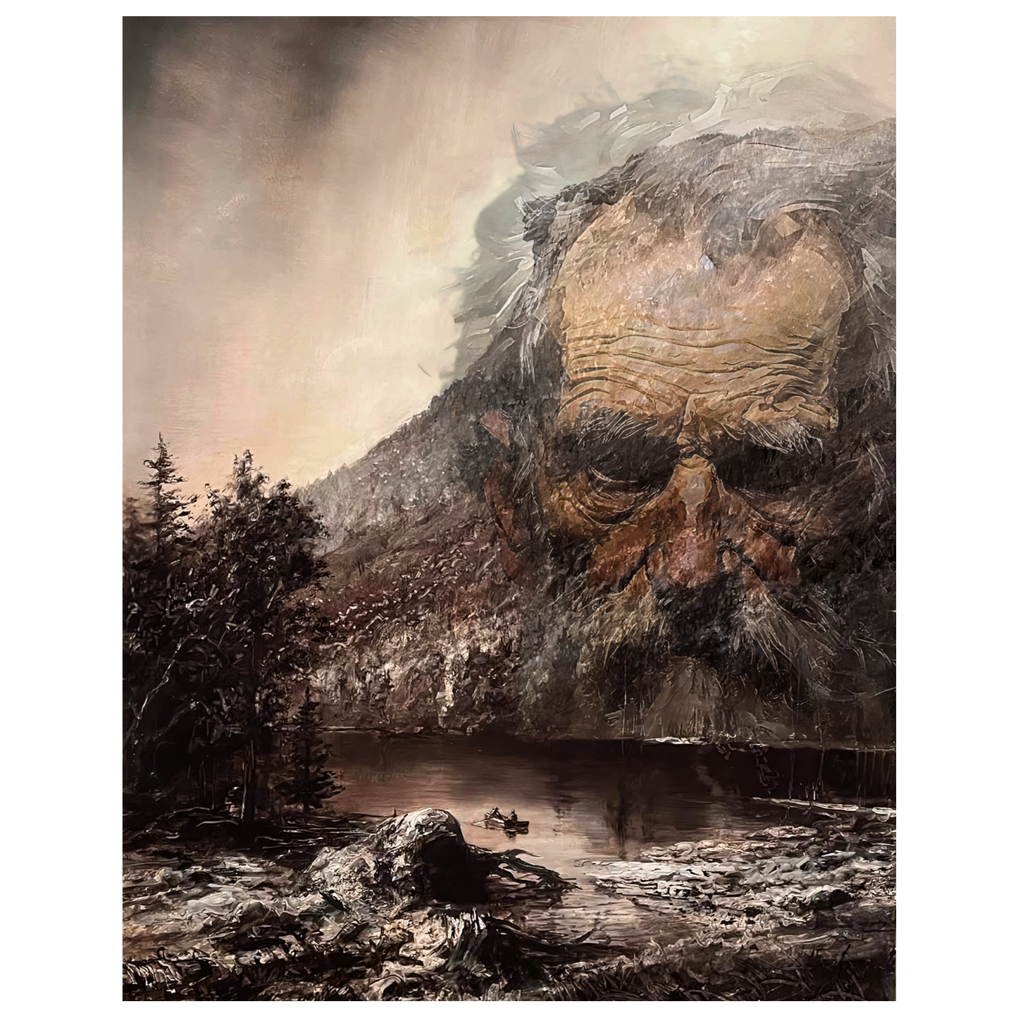 Majestic mountain landscape with a large stone face emerging from mist