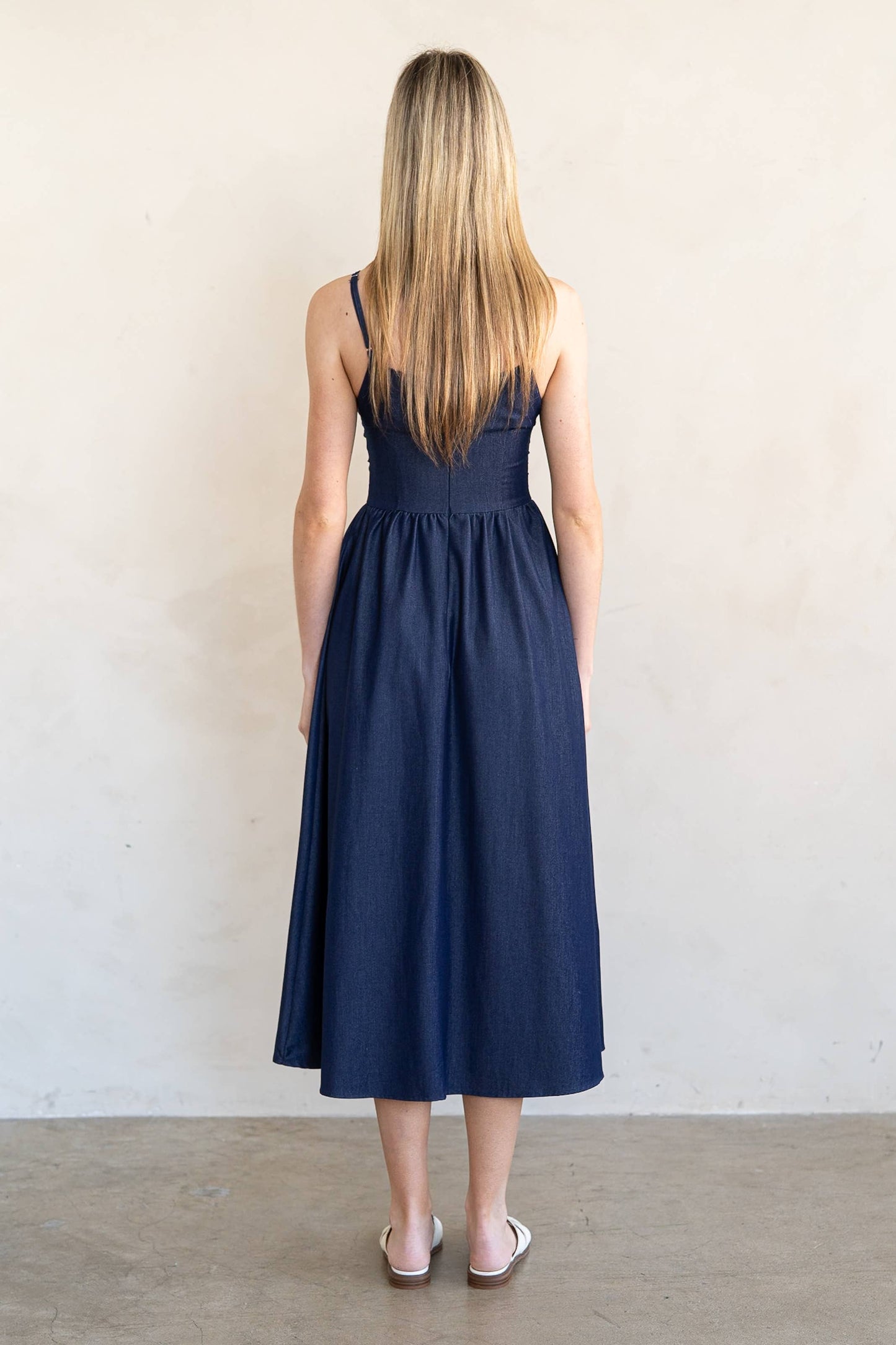 Spaghetti Strap Shirring Flared Midi Dress