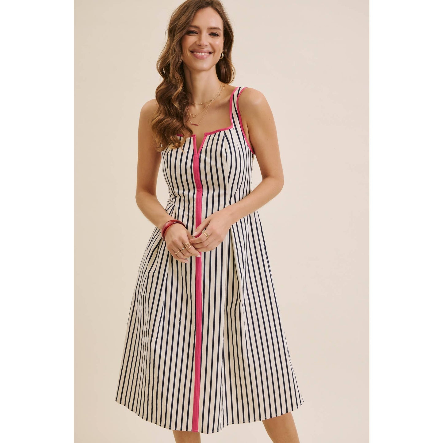 STRIPE PREPPY FIT-AND-FLARE MIDI WITH BOLD PINK CONTRAST