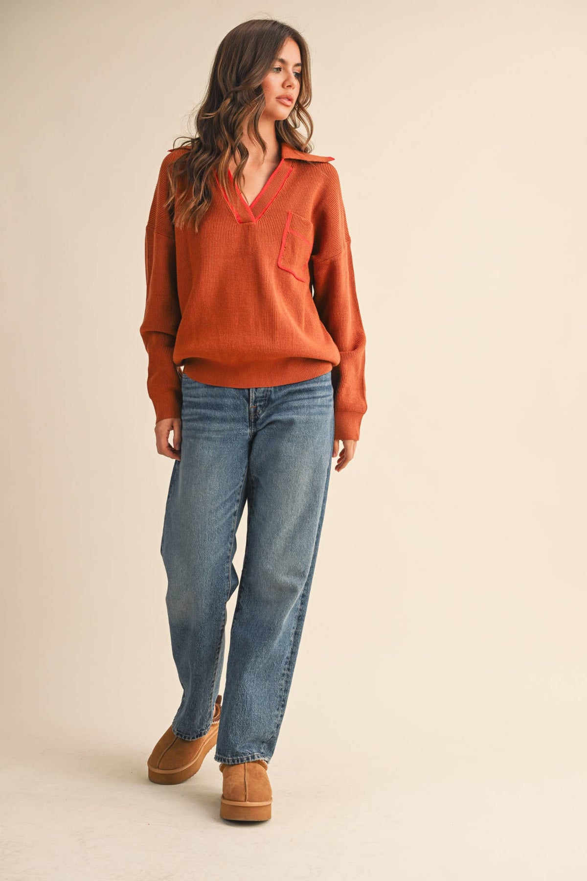 Contrast Color Ribbed Collar Sweater