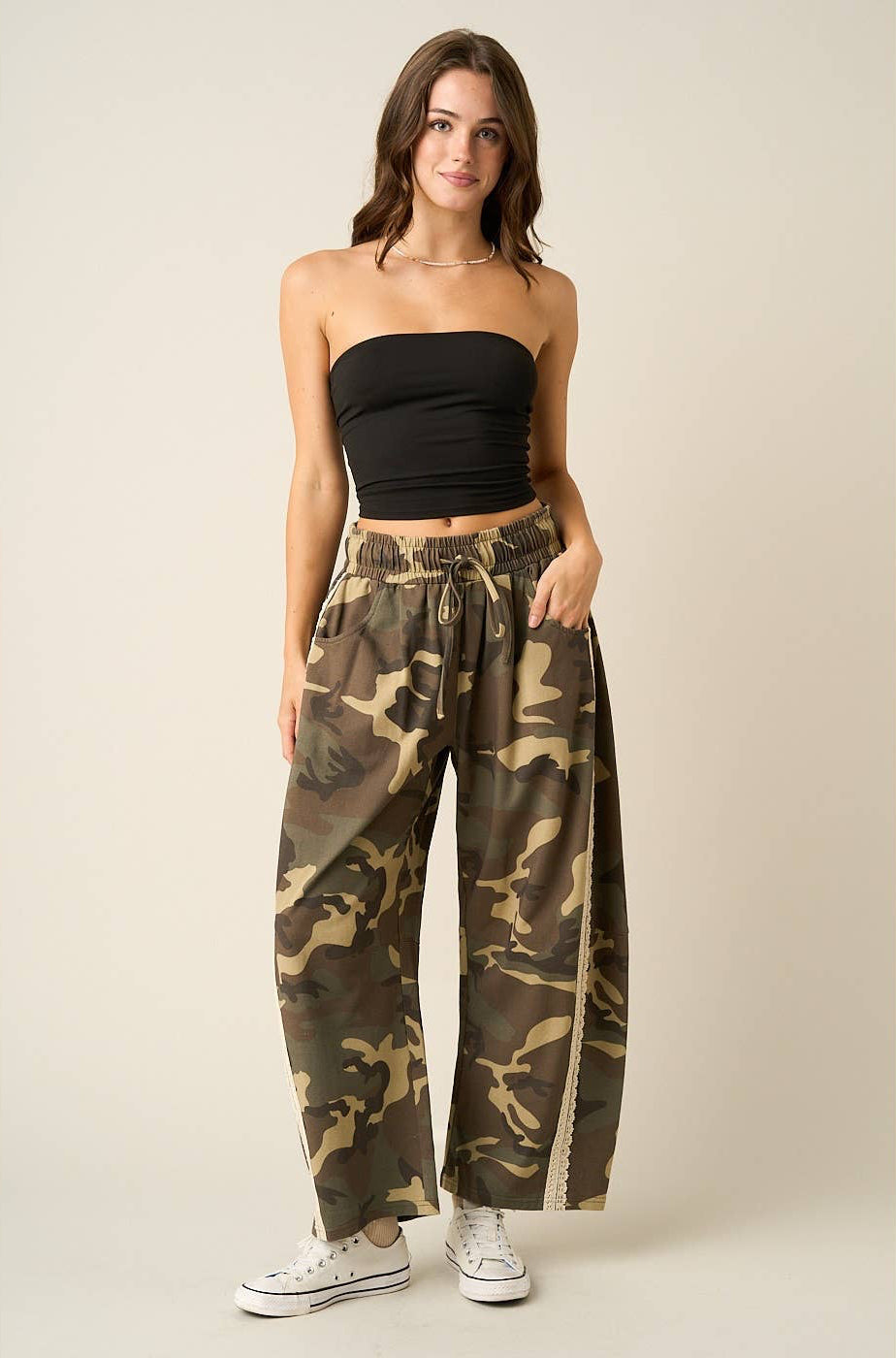 Bronson Camo Print Barrel Leg Jeans with Lace Trim