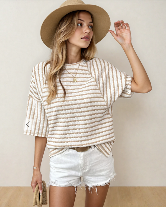 Noelle Textured Knit Top-Apricot | Stripe Tee |Split Hem Tee