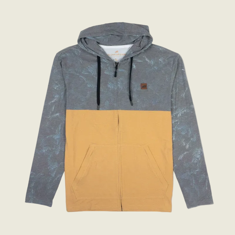 Hoodie with gray and mustard color block design on a white background