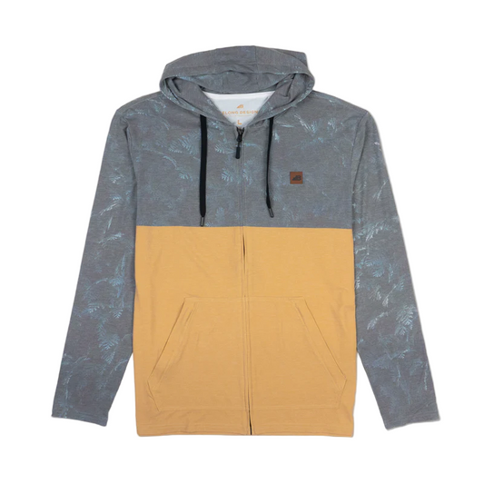 Hoodie with gray and mustard color block design on a white background