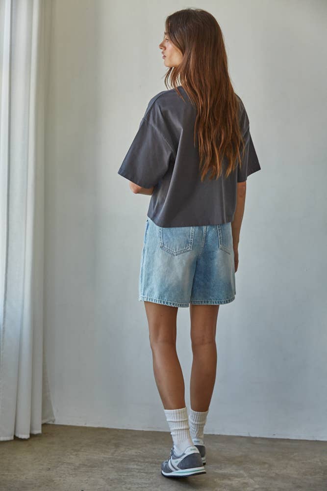 Knit Cotton Crew Neck Drop Shoulder Short Sleeve Top