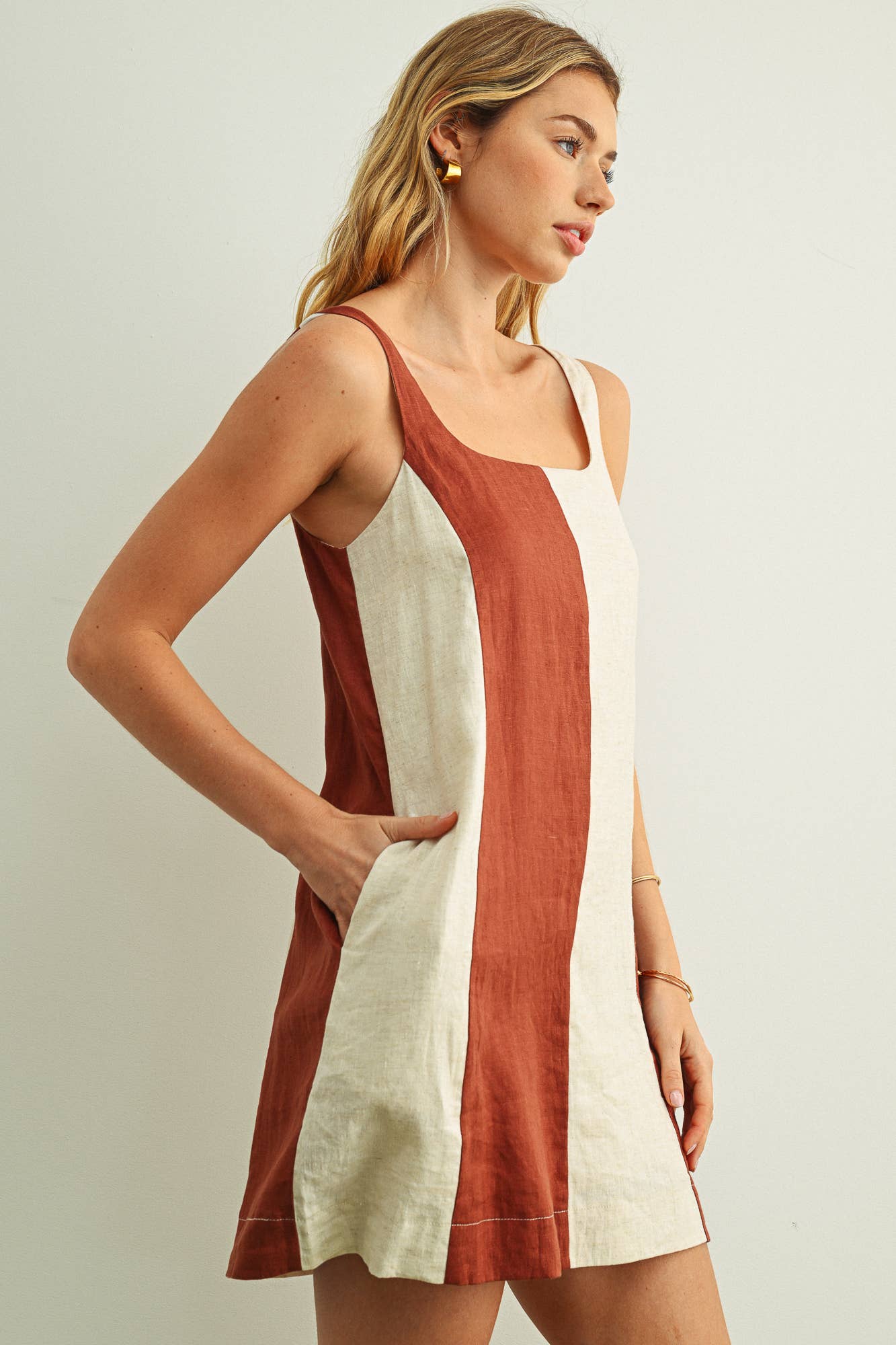 COLOR BLOCK LINEN MINI DRESS