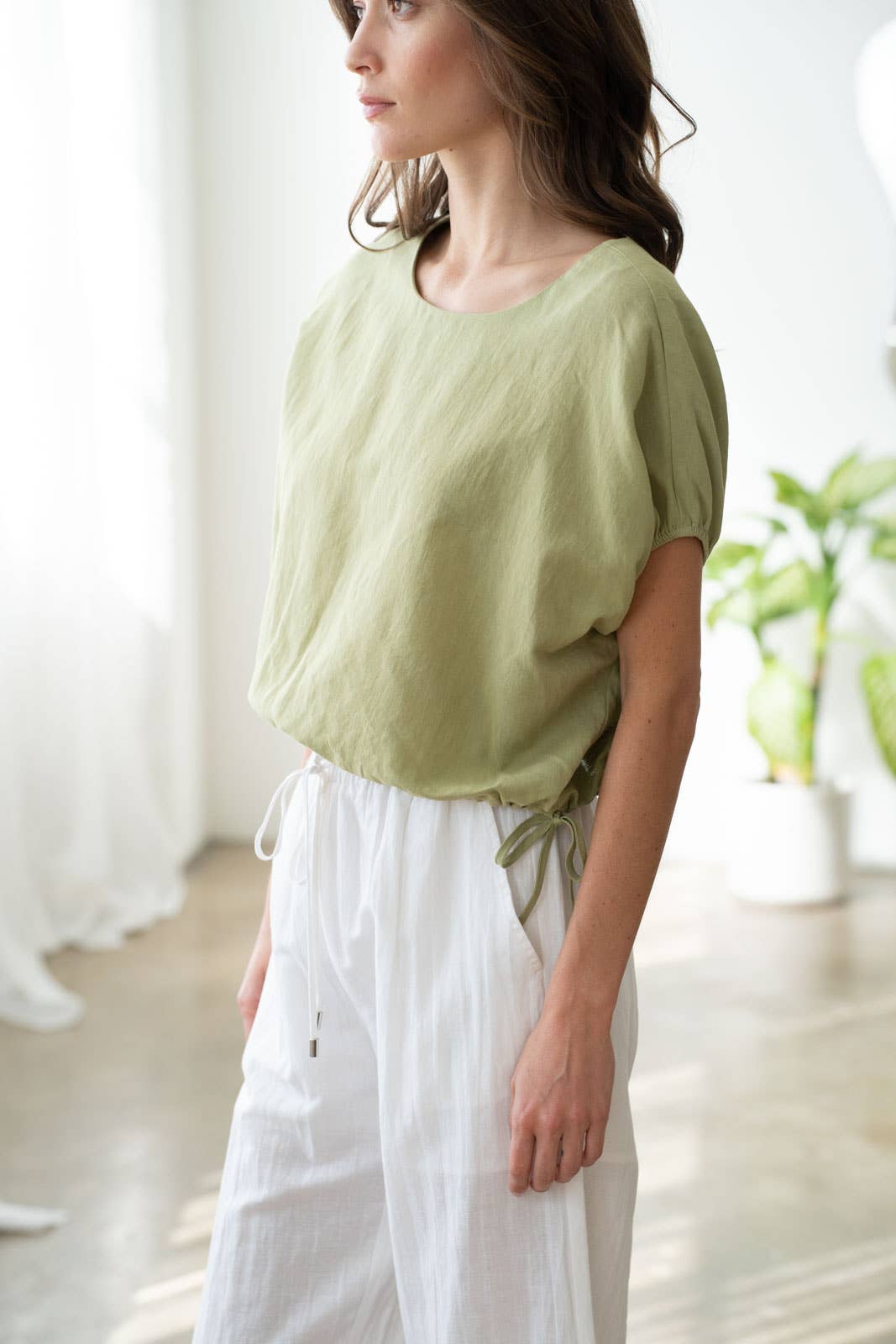 Elasticized Cap Sleeve Linen Top