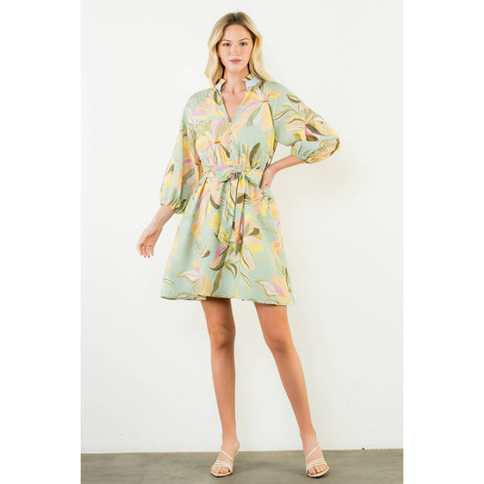 Floral Pattern Button Down V-Neck Dress