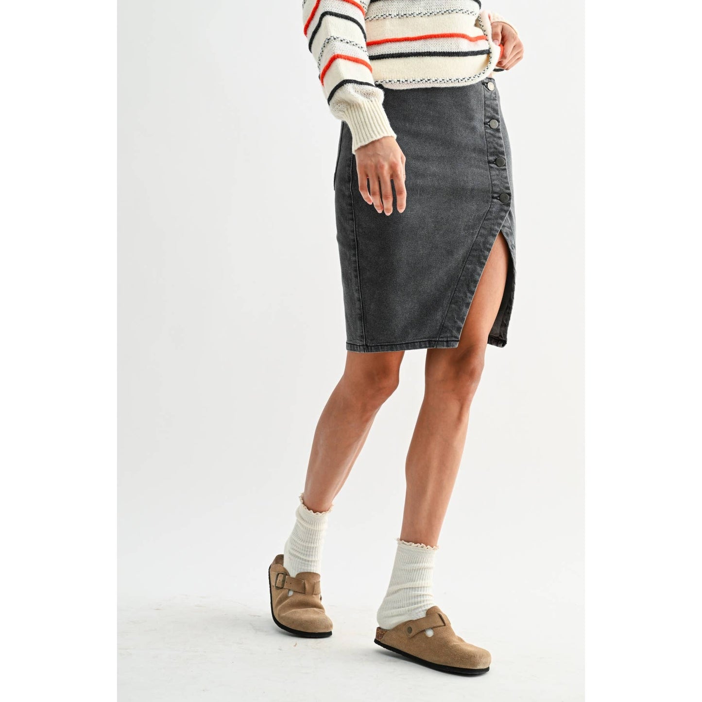 Washed Dark Grey Button Denim Skirt