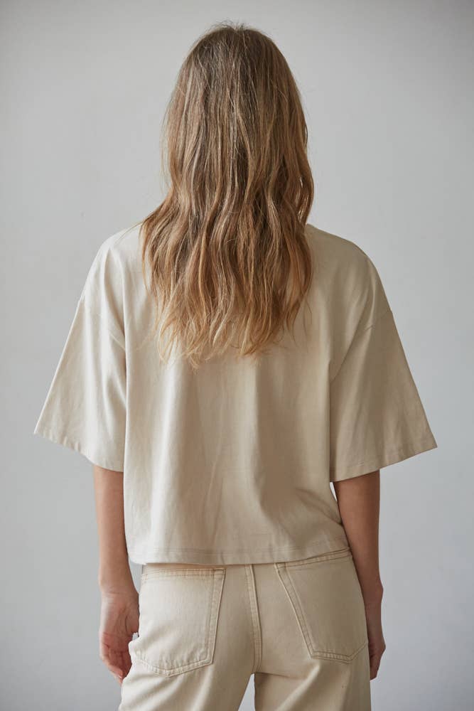 Knit Cotton Crew Neck Drop Shoulder Short Sleeve Top