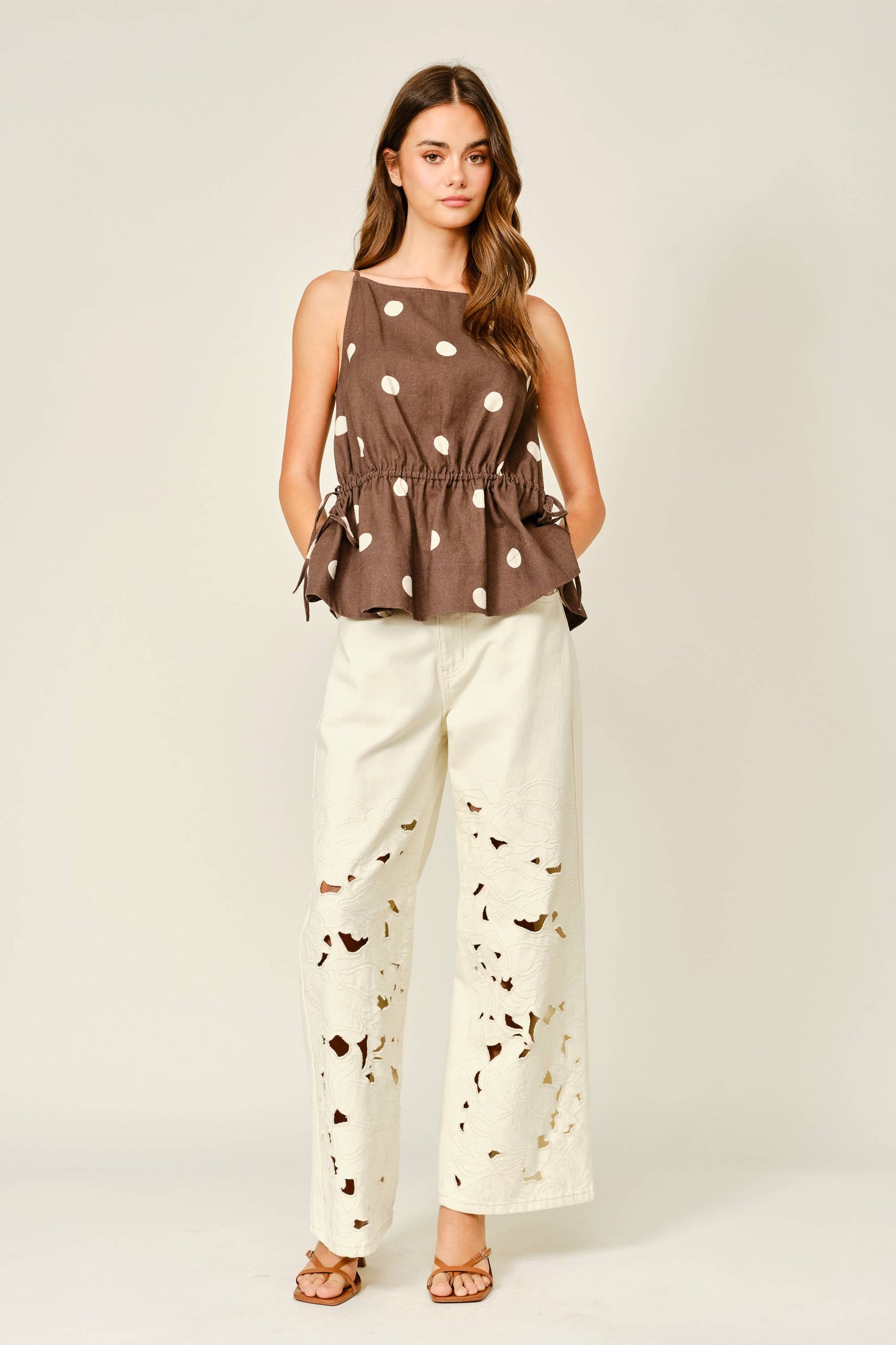 Cut Out Embroidered Wide Leg Jeans