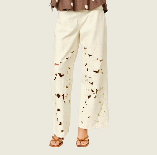 Cut Out Embroidered Wide Leg Jeans