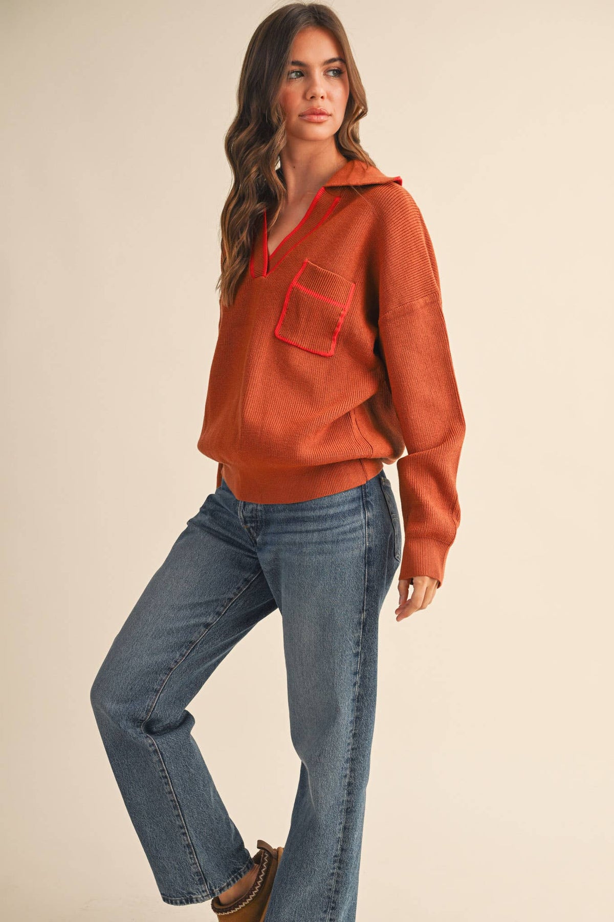 Contrast Color Ribbed Collar Sweater