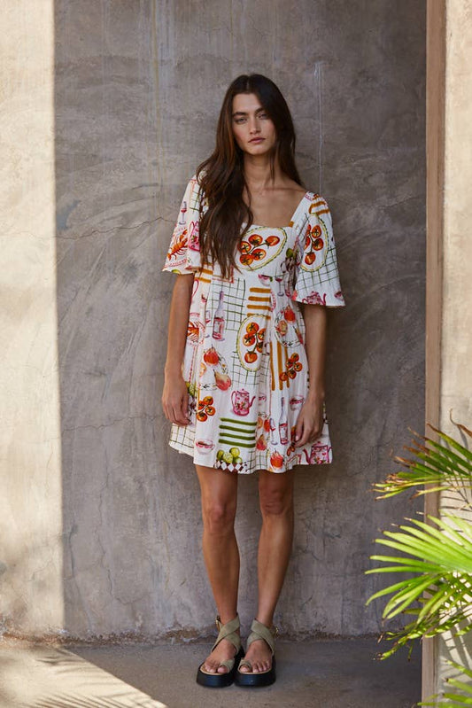 Woven Rayon Nylon Picnic Print Square Neck Mini