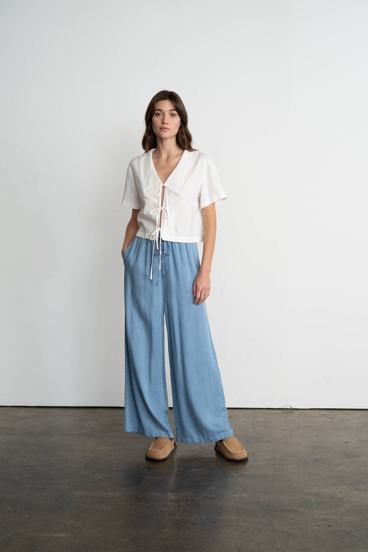 Chambray Elastic Waist Wide Leg Pants
