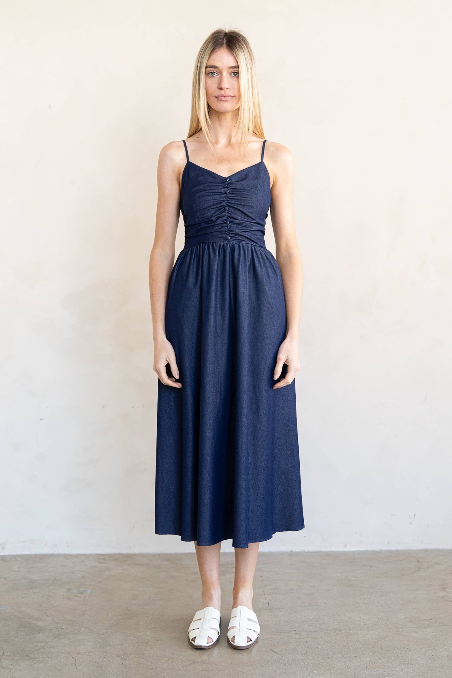 Spaghetti Strap Shirring Flared Midi Dress