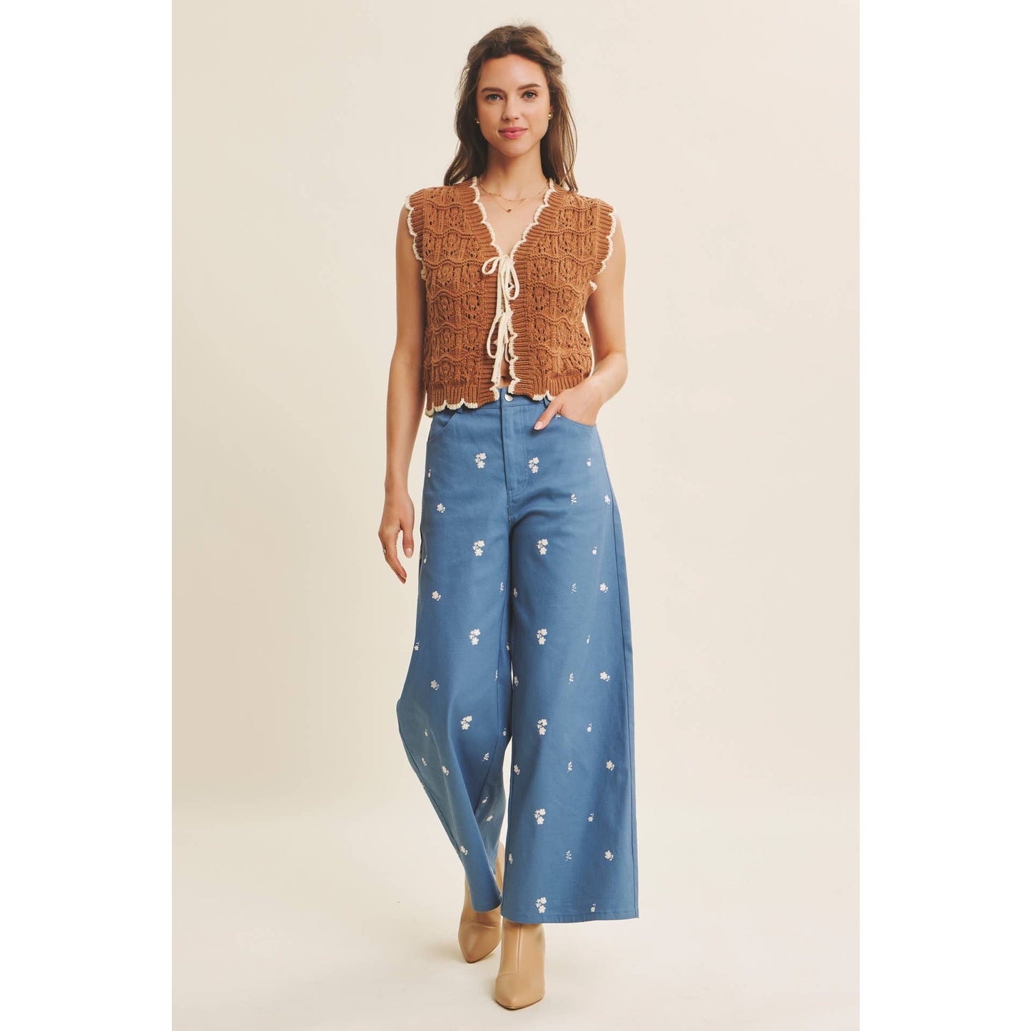 Embroidery Cotton Span Wide Leg Pants