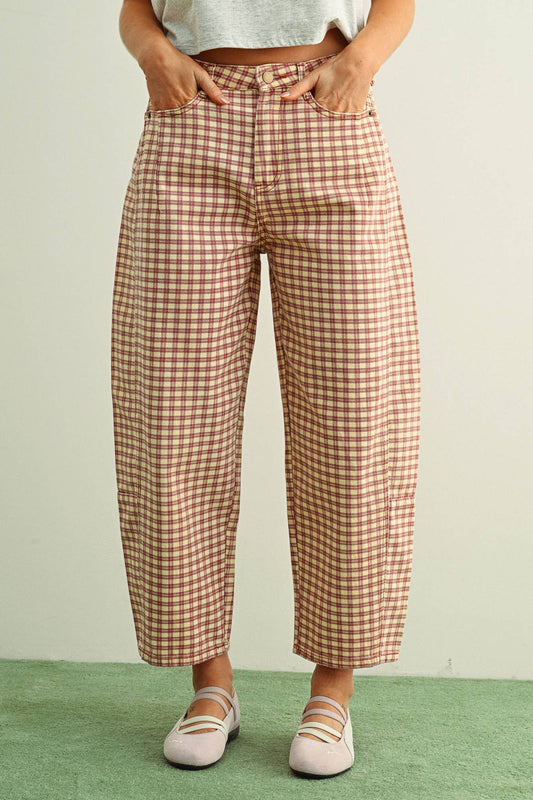 P5936   MINI CHECKER PATTERN BARREL PANTS