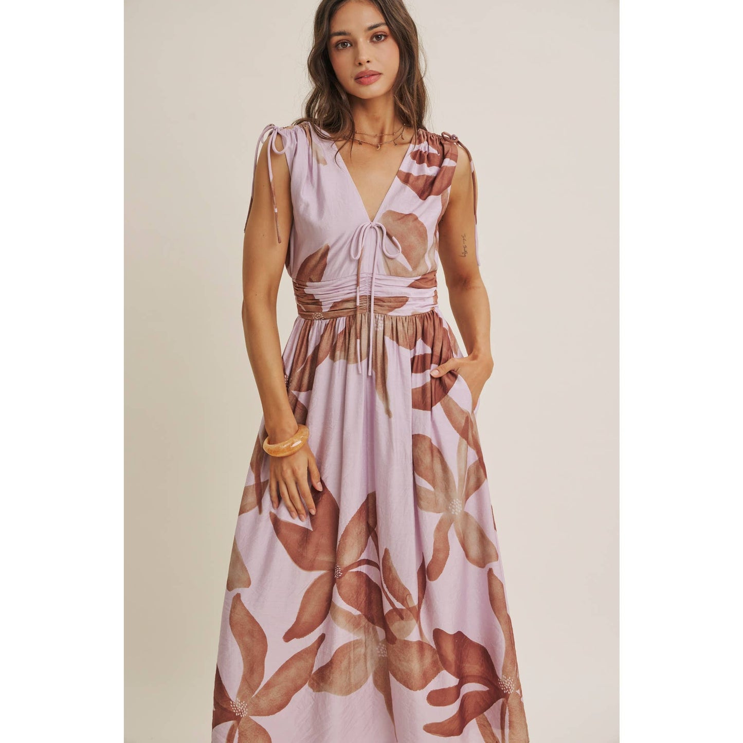 TROPICAL SUNSET OVERSIZED FLORAL MIDI WITH SHOULDER CUTOUT
