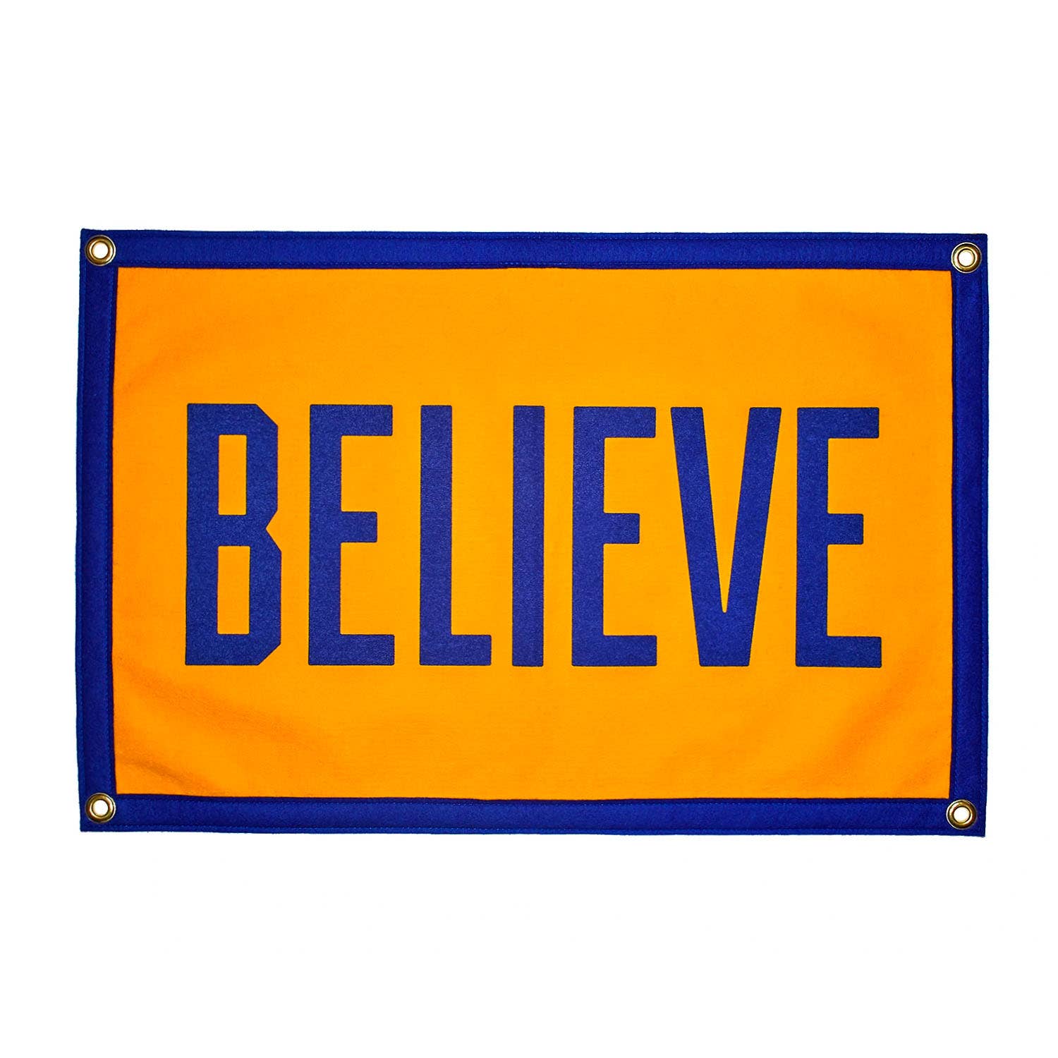 Yellow banner with blue 'BELIEVE' text on a white background
