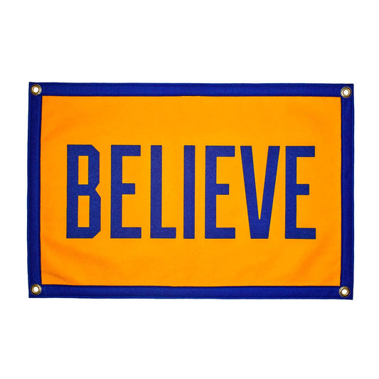 Yellow banner with blue 'BELIEVE' text on a white background
