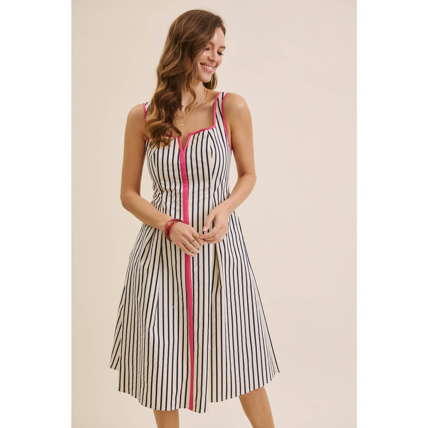 STRIPE PREPPY FIT-AND-FLARE MIDI WITH BOLD PINK CONTRAST