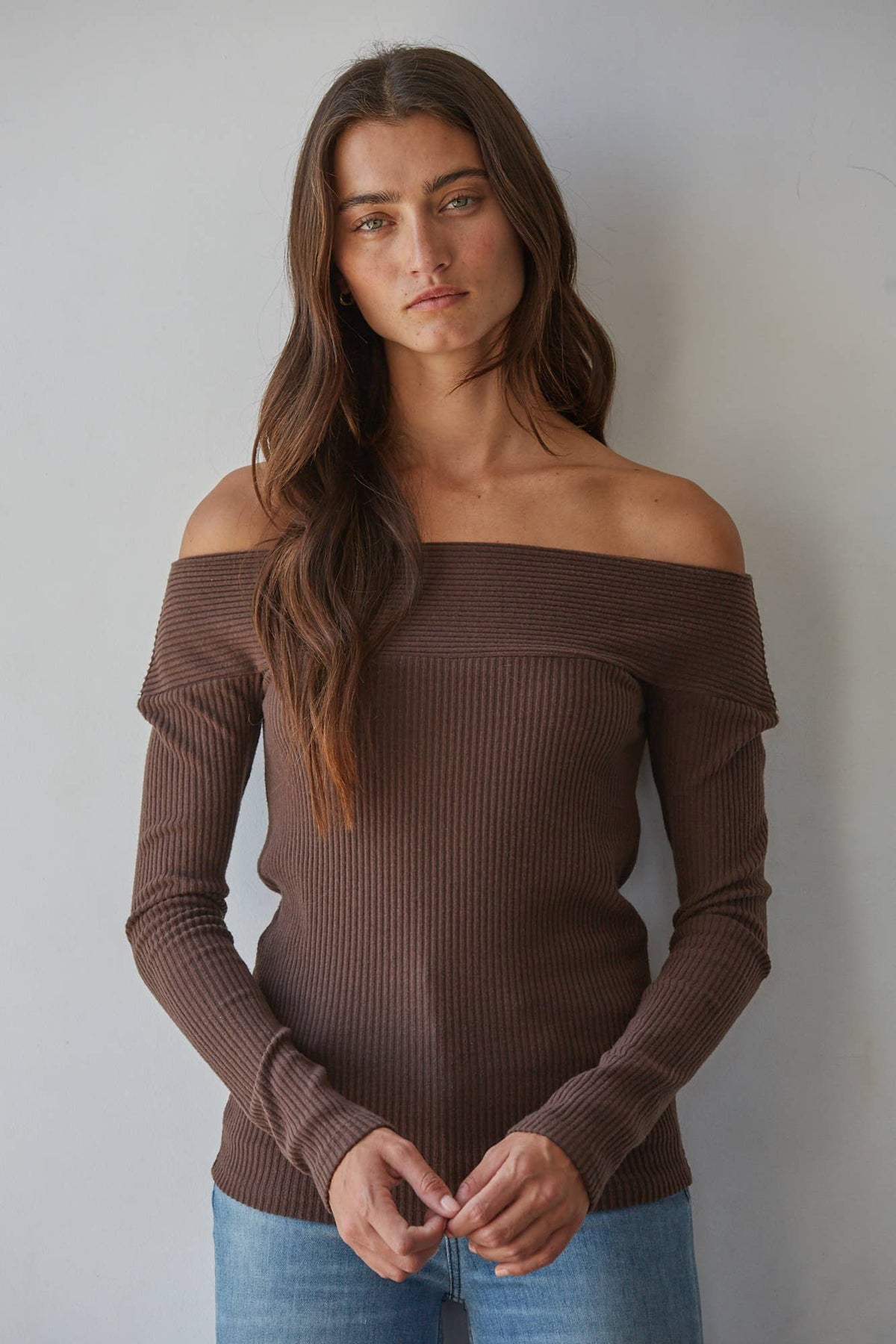 Brown Off Shoulder Long Sleeve Top