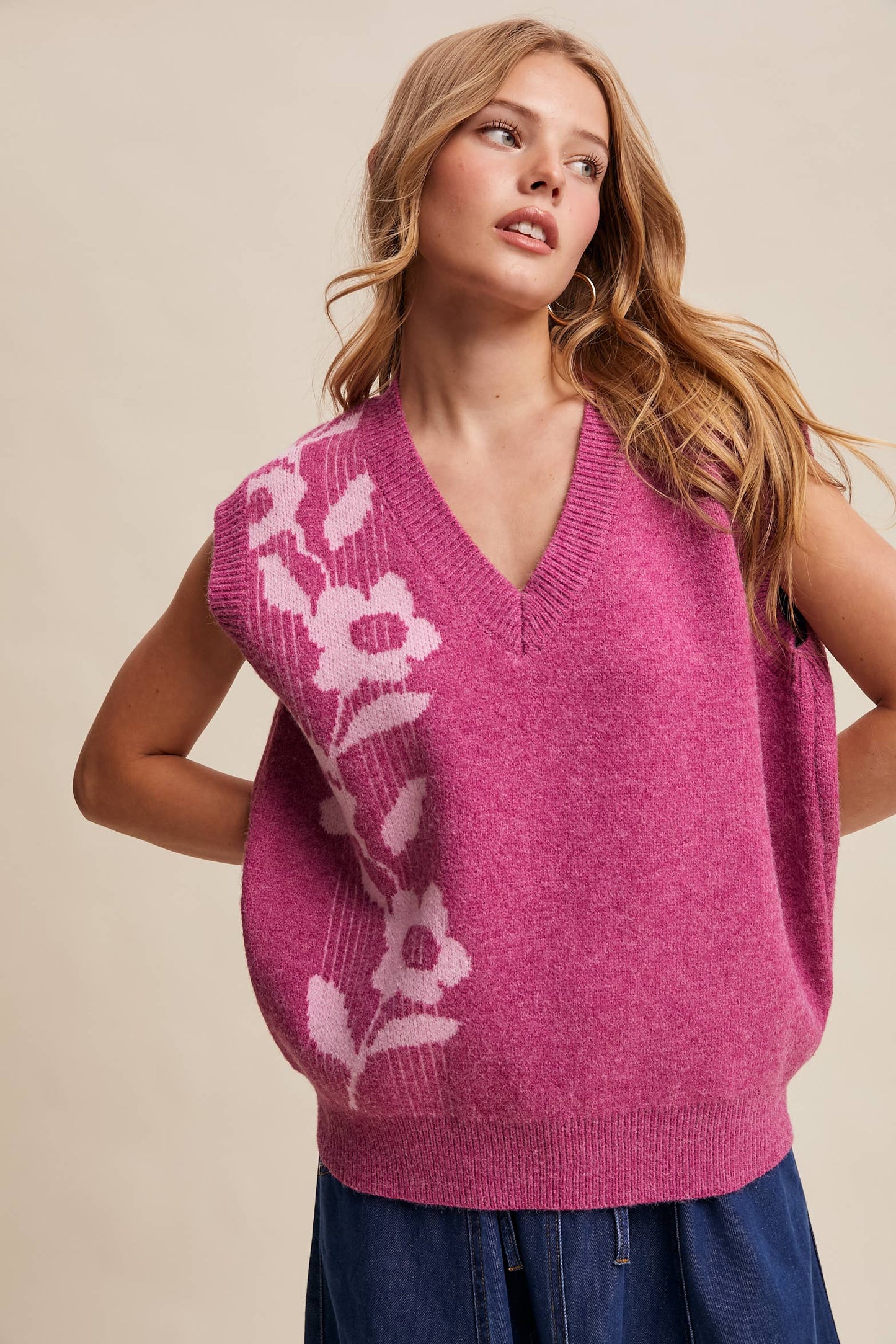 Intarsia Floral Knit Sweater Vest