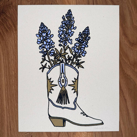 Bluebonnet Boot - Signed 8x10in Silkscreen Print on Recycled Paper