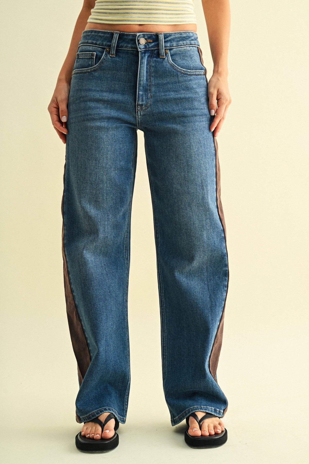 Wide leg jeans with corduroy side panels at Imogene Was Here