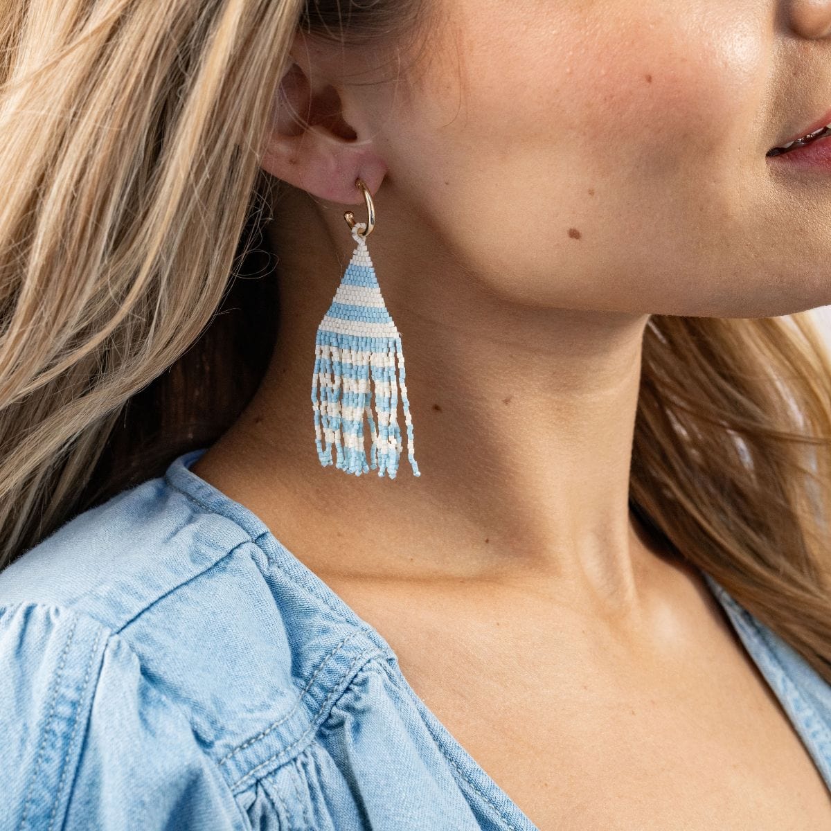 James Mini Gold Hoop Two Tone Stripes Beaded Fringe Earrings - Light Blue - Ink + Alloy