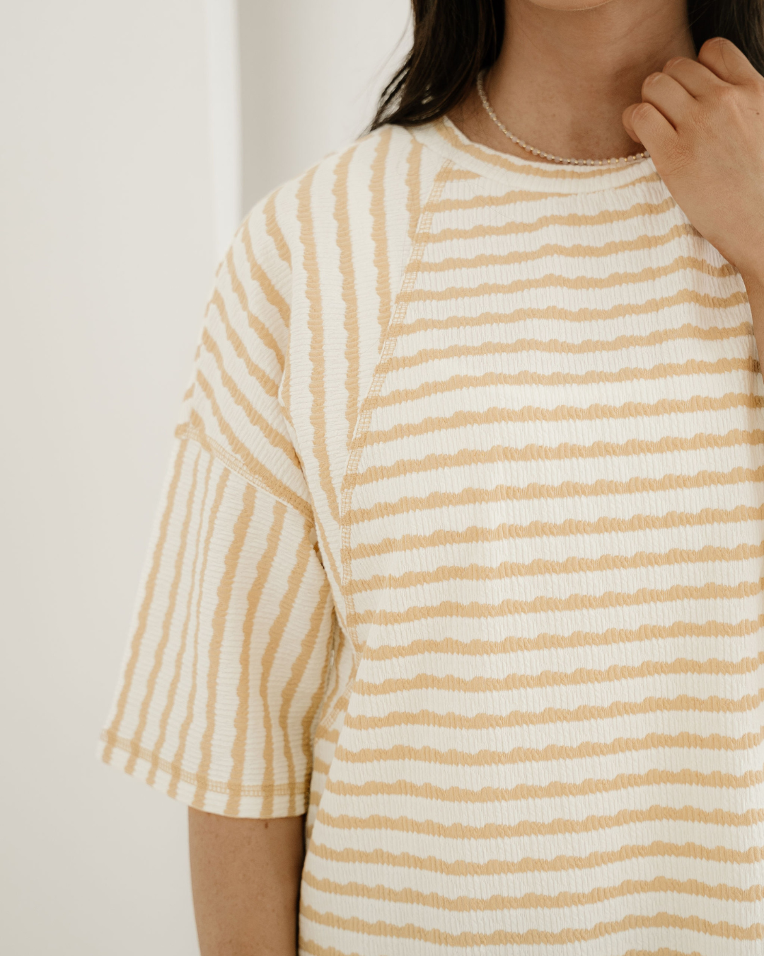Noelle Textured Knit Top-Apricot | Stripe Tee |Split Hem Tee