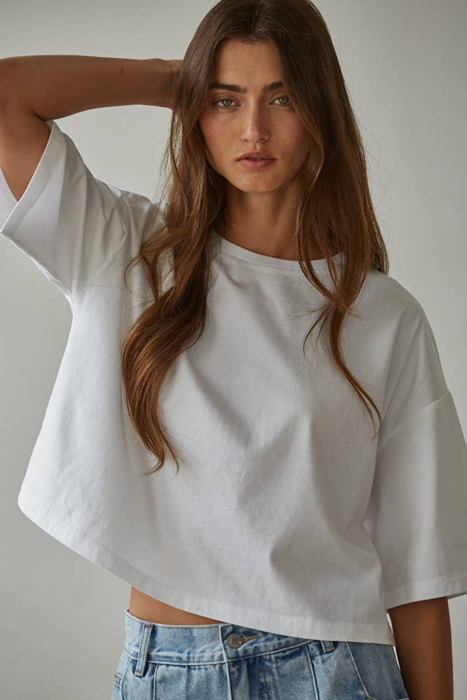 Knit Cotton Crew Neck Drop Shoulder Short Sleeve Top