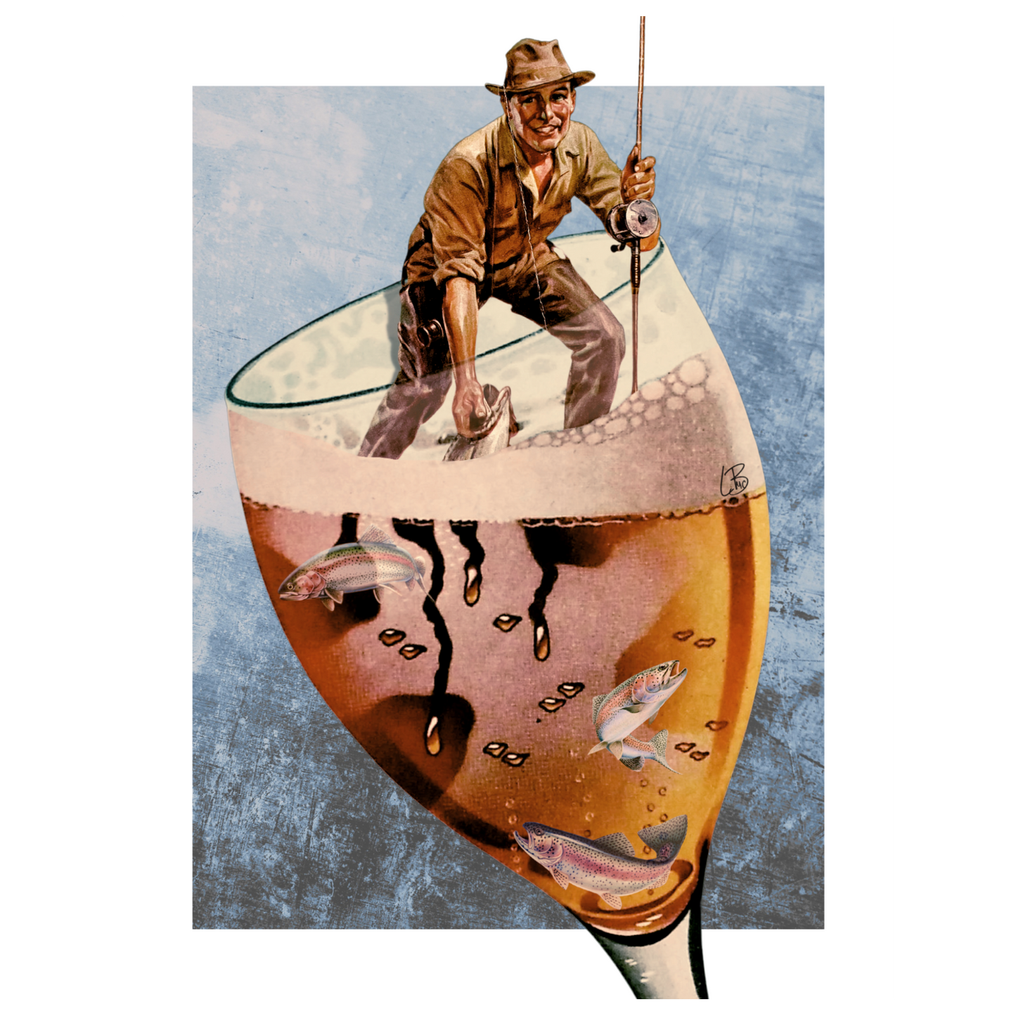 Illustration of a man fishing with a reflection of fish in a glass of beer.
