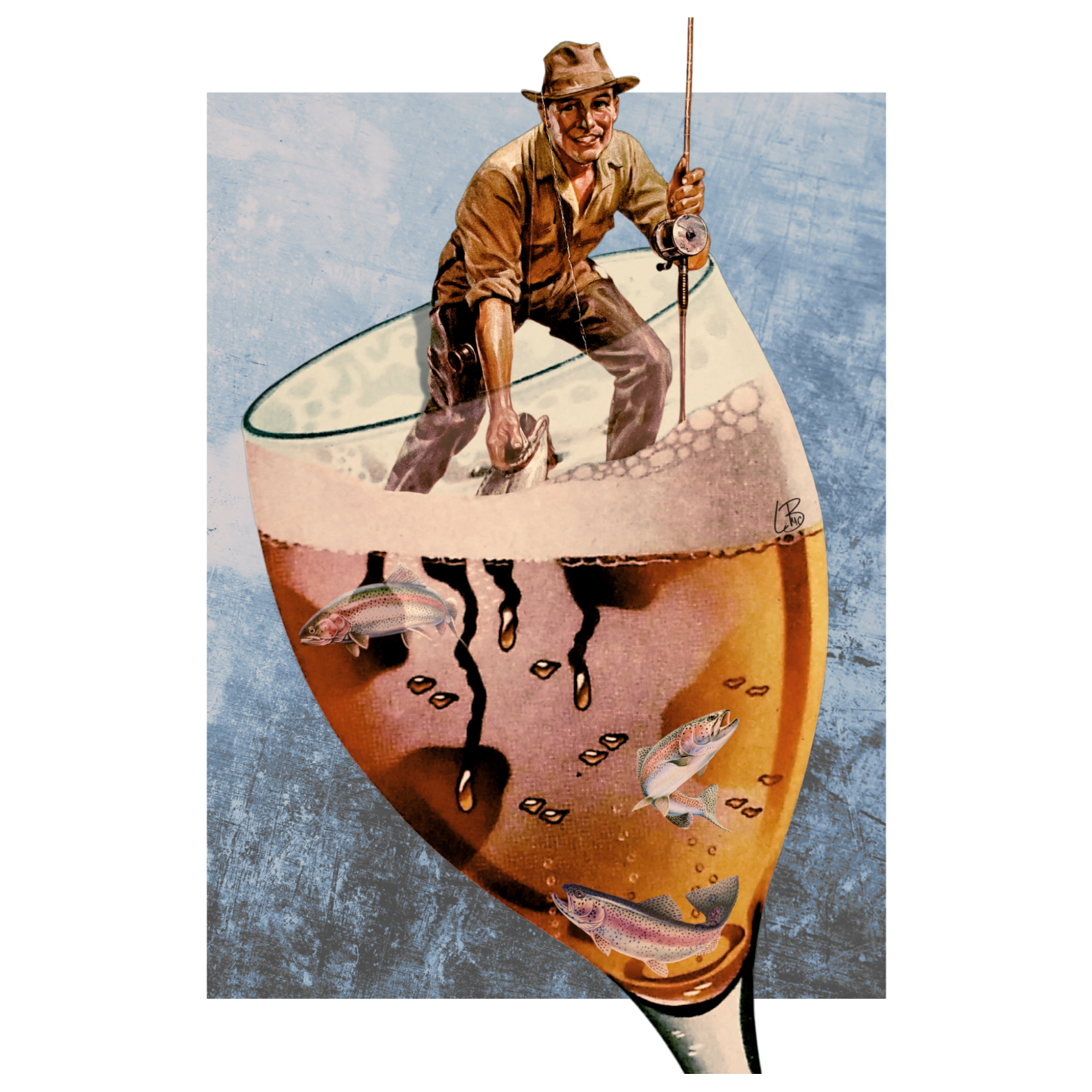 Illustration of a man fishing with a reflection of fish in a glass of beer.