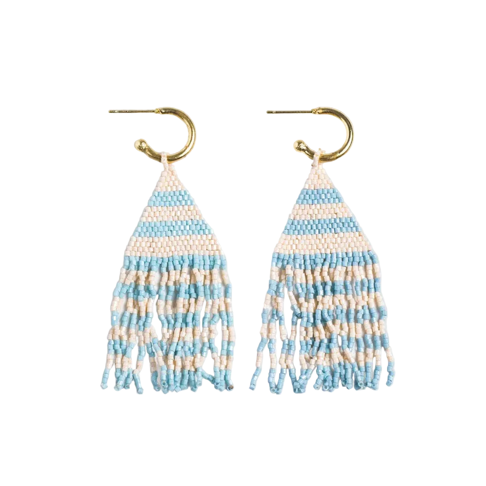 James Mini Gold Hoop Two Tone Stripes Beaded Fringe Earrings - Light Blue - Ink + Alloy