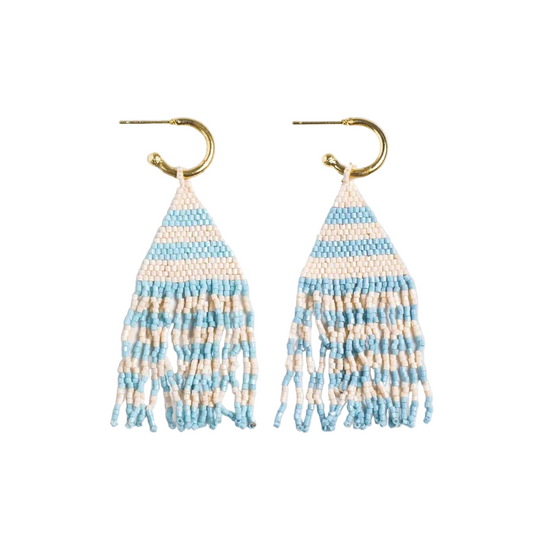 James Mini Gold Hoop Two Tone Stripes Beaded Fringe Earrings - Light Blue - Ink + Alloy