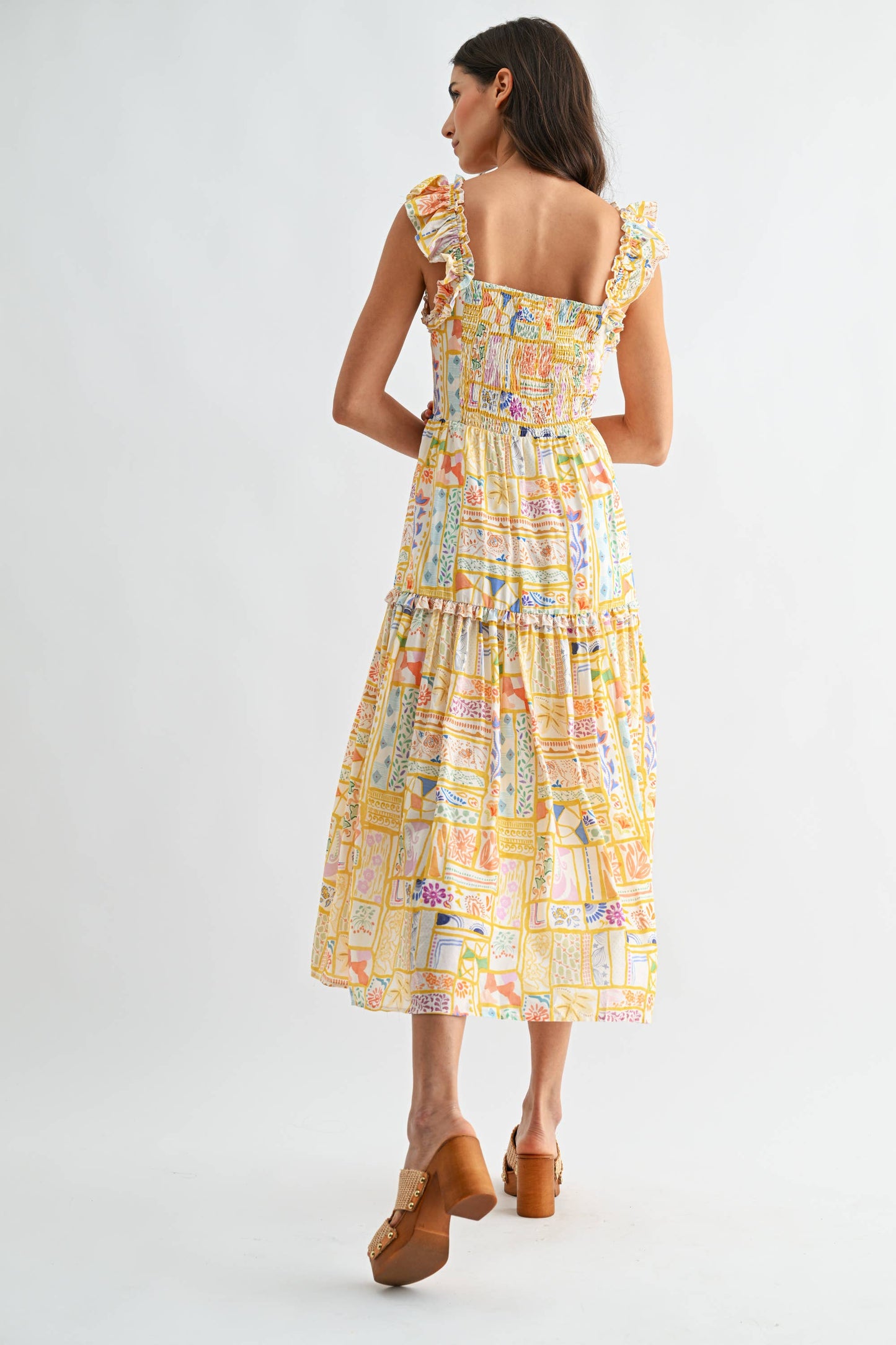 Patchwork Print Ruffle Strap Midi Dress