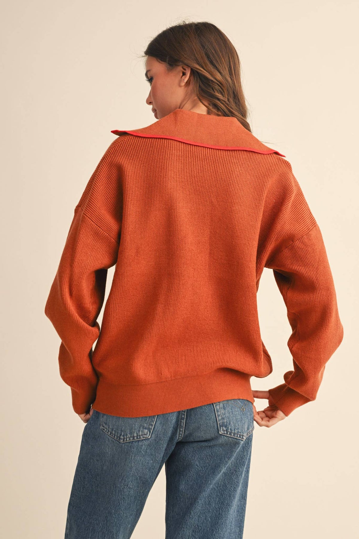 Contrast Color Ribbed Collar Sweater